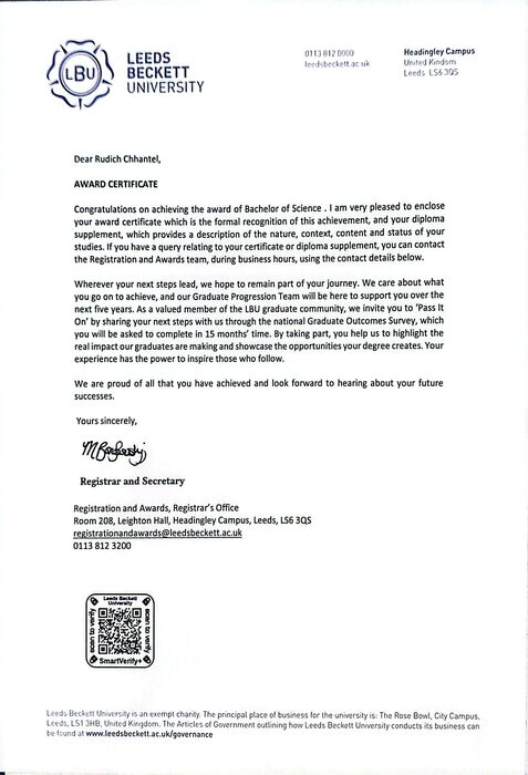 Award certificate letter