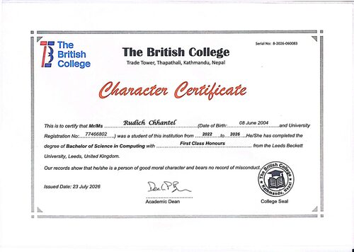 The British College character certificate