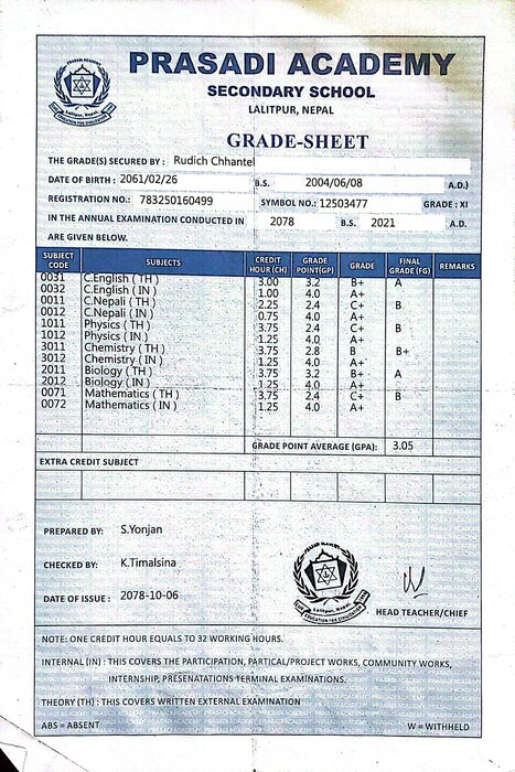 Grade sheet Grade XI