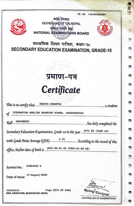 Secondary Education Examination Grade 10 certificate